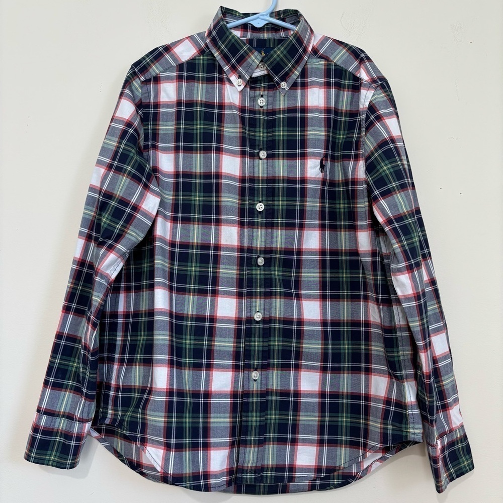 Ralph Lauren Boys Navy White Plaid Long Sleeve Button Down Classic Shirt  M